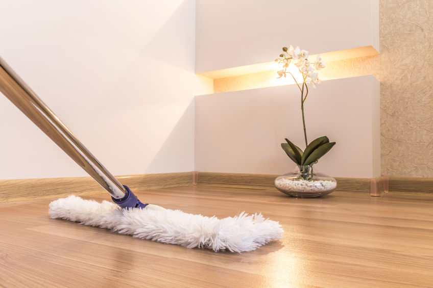 mop cleaning wooden floor in house